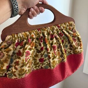 Vintage MCM or 1960s/70s inspired. Embroidered Velvet Bag with Wood handle